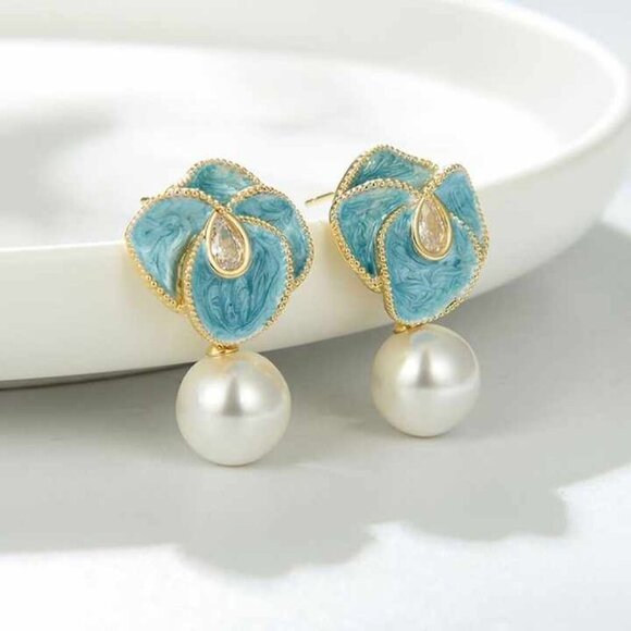 Cute Blue Dripping Oil Korean Style Flower Drop Enamel Drop Dangle Earrings set - Picture 3 of 4